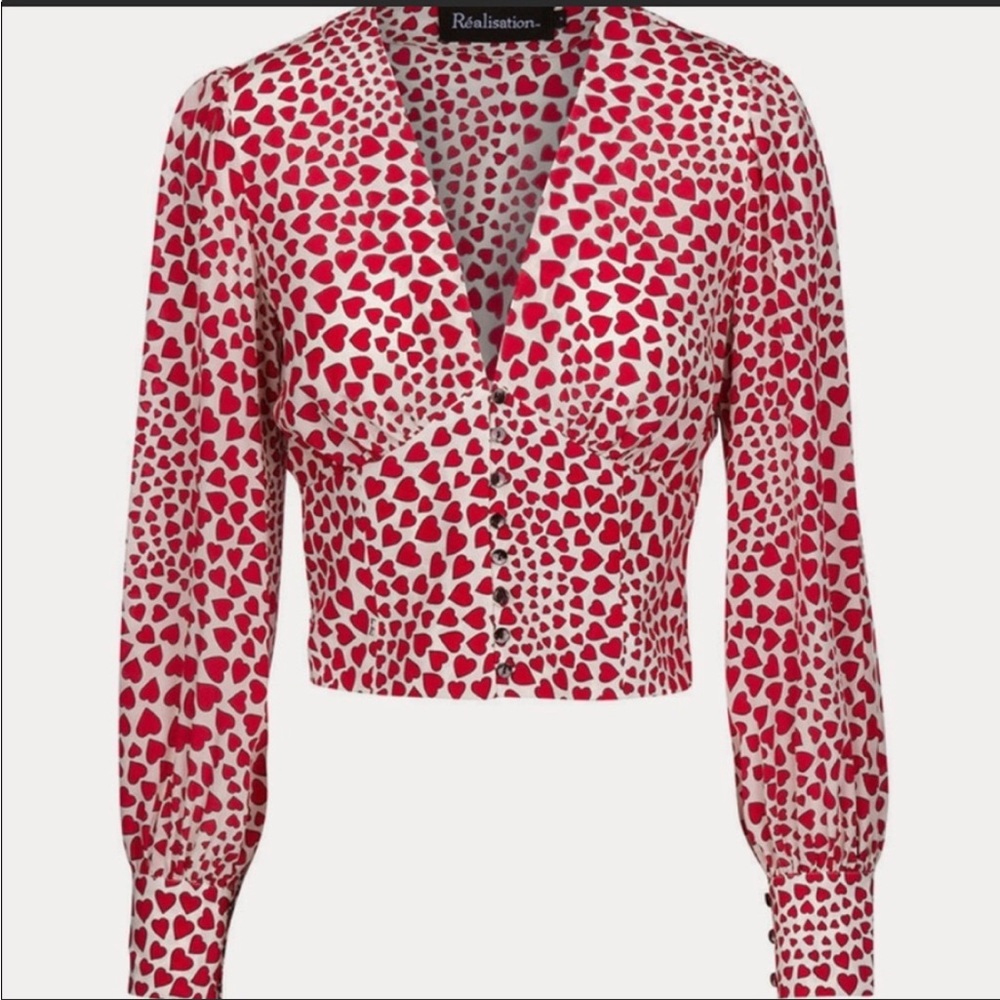NWT Zafsi Blings Heart Print Long Sleeve Button Up Cropped Blouse